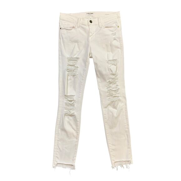 Frame Jeans Womens 26 White Denim Le Skinny de Jeanne Distressed Fringe Hem - Picture 1 of 16